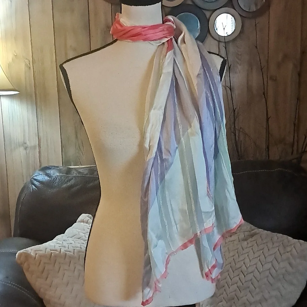 Oscar de la Renta Oblong Pastel Silk Scarf with Metallic Threads Frayed Vintage